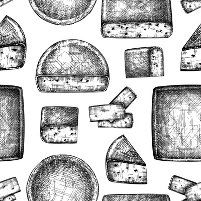 Cheese fondue background. Melted cheese. Hand-drawn food illustrations. Dairy products seamless pattern. Menu design. NOT AI generated